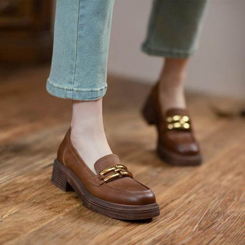 2025年新款复古擦色一脚蹬乐福鞋英伦风金属扣厚底jk小皮鞋单鞋女