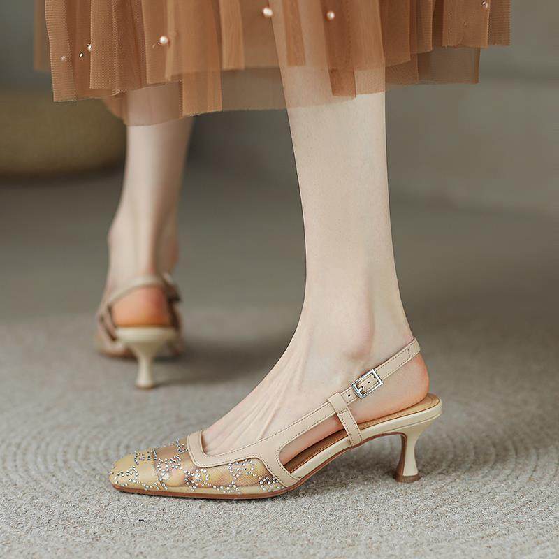 真皮性感蕾丝网纱镂空后空单鞋细跟高跟鞋气质小跟鞋包头凉鞋女夏