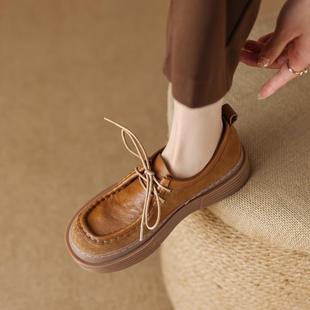 软底复古乐福鞋 真皮头层牛皮系带森女软皮单鞋 圆头百搭休闲小皮鞋