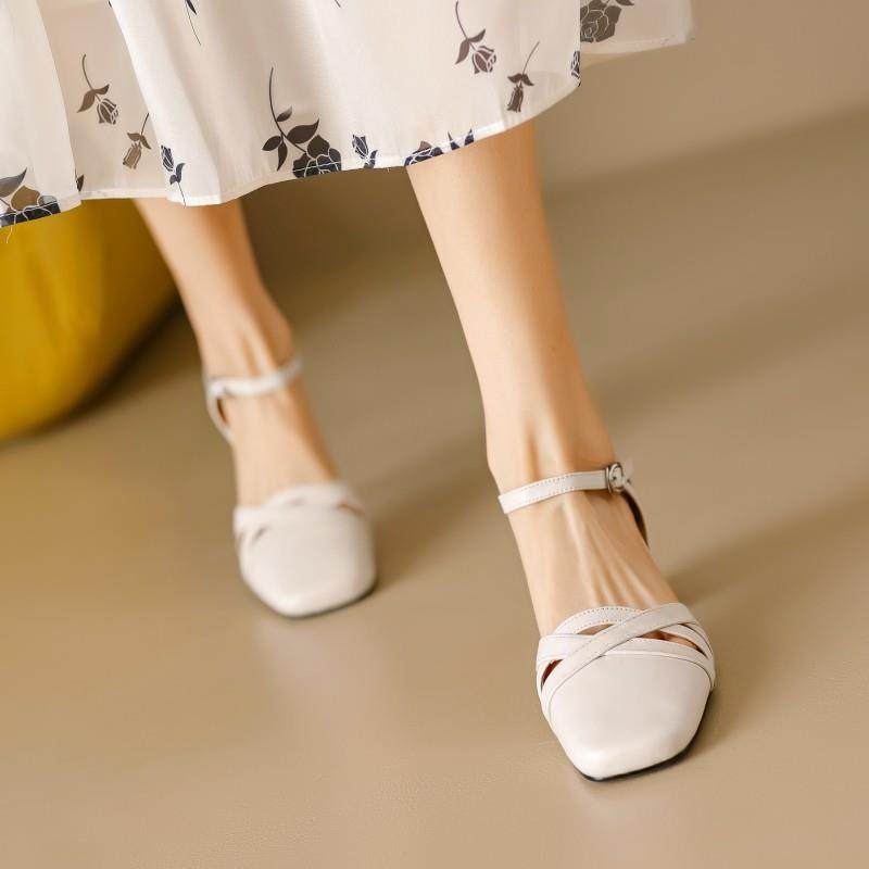 真皮法式复古镂空一字带包头罗马凉鞋百搭中空单鞋粗跟高跟鞋女夏