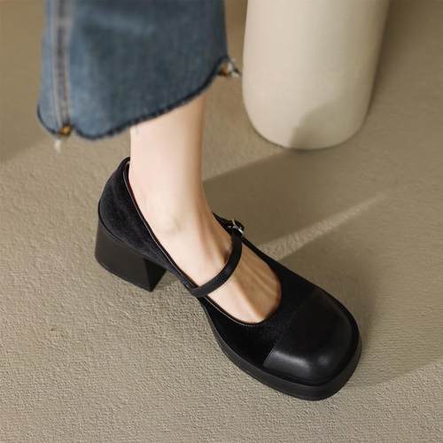 真皮学院风拼接一字带玛丽珍小皮鞋小个子厚底增高跟鞋粗跟单鞋女