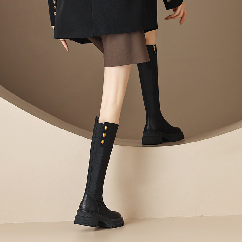正品真皮酷Girl~圆头厚底骑士靴女秋冬棕色粗跟长筒靴洋气百搭