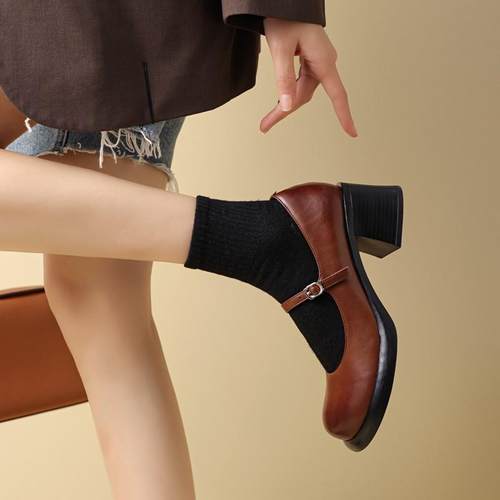 法式复古擦色一字带玛丽珍鞋圆头粗跟高跟鞋2025年春季浅口单鞋女