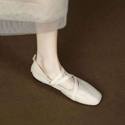 真皮交叉带芭蕾舞单鞋软皮软底豆豆鞋平底玛丽珍小皮鞋奶奶鞋女