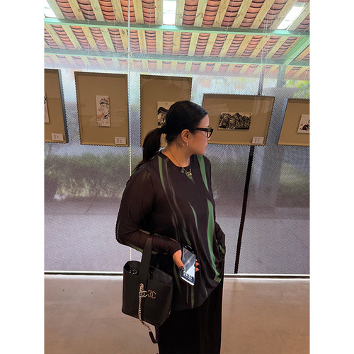 铅笔小鑫大码女装 氛围艺术感印花弹力亲肤网纱半透长袖T恤