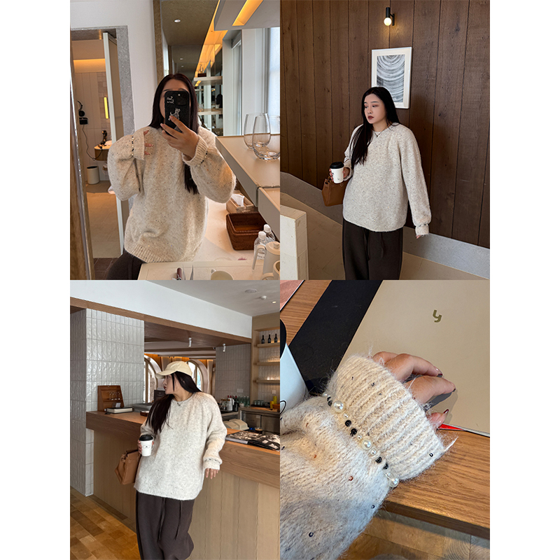 铅笔小鑫大码女装慵懒法式氛围感软糯亲肤袖口钉珠弹力毛衣