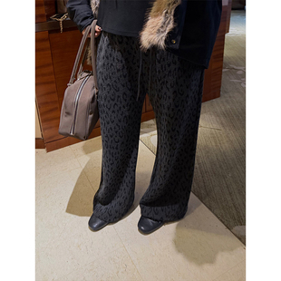 慵懒豹纹保暖加绒抽绳设计显瘦阔腿裤 铅笔小鑫大码 女装