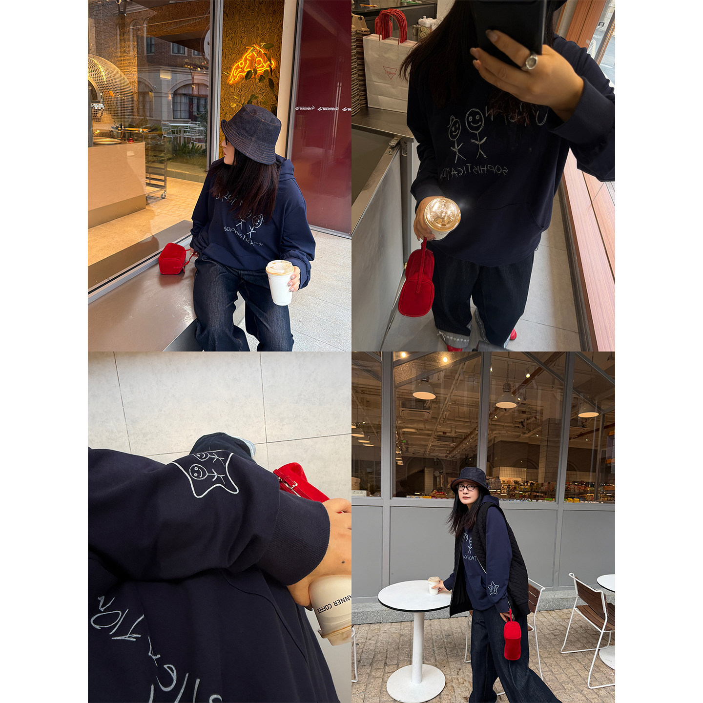 铅笔小鑫大码女装趣味火柴人时髦感显瘦印花口袋连帽卫衣