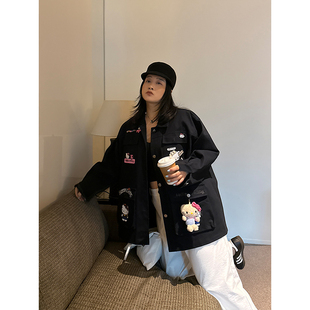 趣味kitty 铅笔小鑫大码 街头 美式 大口袋牛仔外套 女装