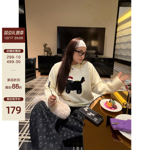 铅笔小鑫大码女装节日氛围感新年圣诞保暖小猫卡通刺绣显瘦毛衣