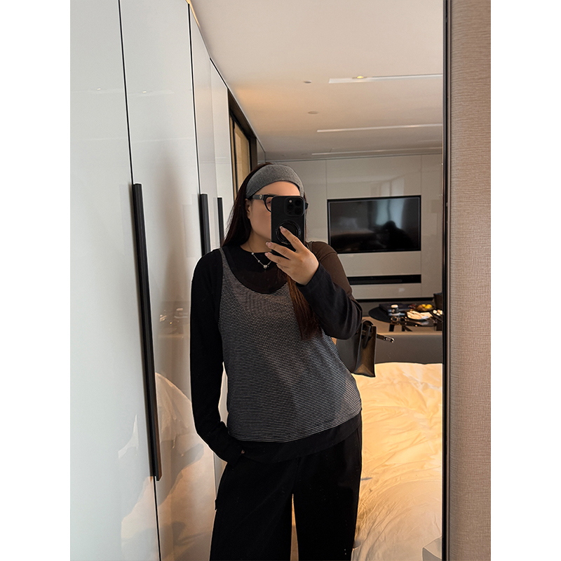 铅笔小鑫大码女装 松弛条纹控 复古真两件 叠搭长袖T恤