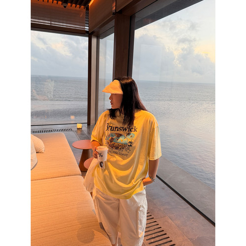 现货！铅笔小鑫大码女装美式宽松落肩热气球海岸印花T恤短袖
