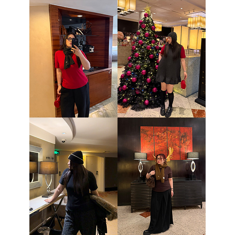 铅笔小鑫大码女装暖暖绒感亲肤高弹力氛围感节日短袖T恤 配围巾