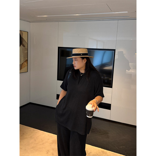 铅笔小鑫大码女装休闲慵懒宽松坑条亲肤假两件T恤