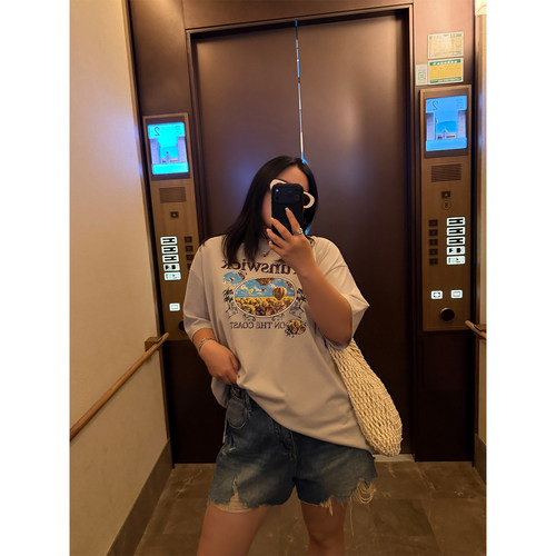 铅笔小鑫大码女装复古洗水作旧磨破毛边遮胯显瘦宽松牛仔短裤