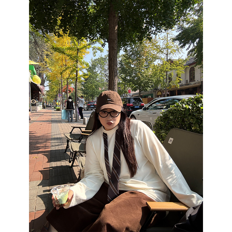 铅笔小鑫大码女装 叠搭tips 条纹领带 复古简约长袖T恤