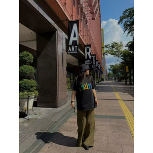 休闲出街 铅笔小鑫大码 复古 美式 彩色字母洗水T恤 女装