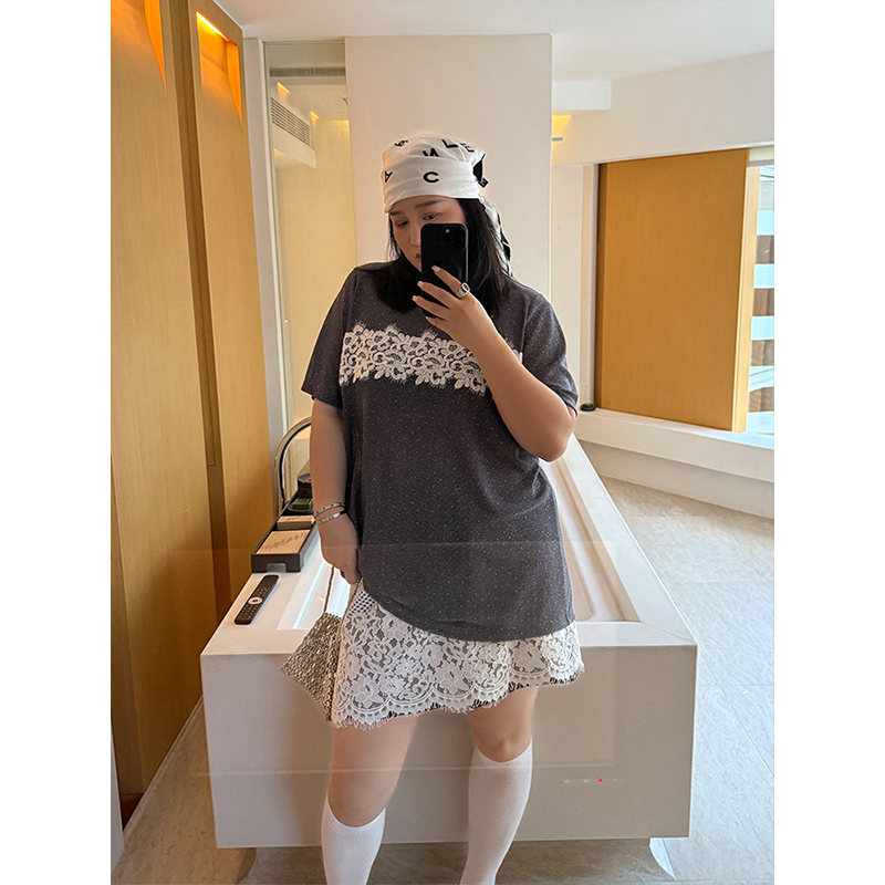 铅笔小鑫大码女装 时髦搭子 星空蕾丝 冰凉感 短袖T恤