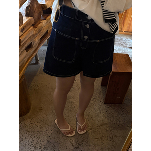 洗水复古高腰明线设计遮肉显瘦牛仔短裤 铅笔小鑫大码 女装