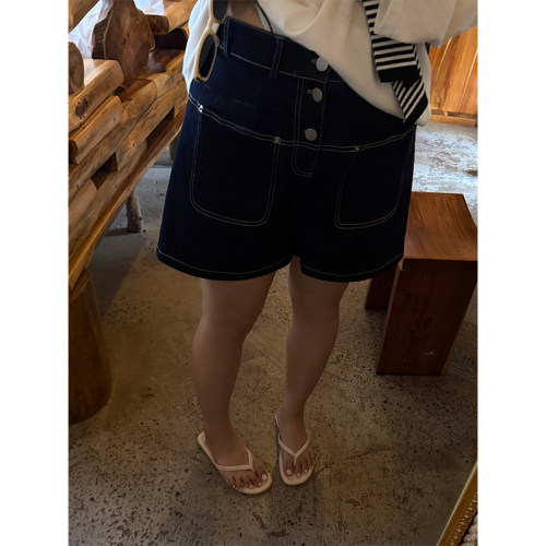 铅笔小鑫大码女装洗水复古高腰明线设计遮肉显瘦牛仔短裤