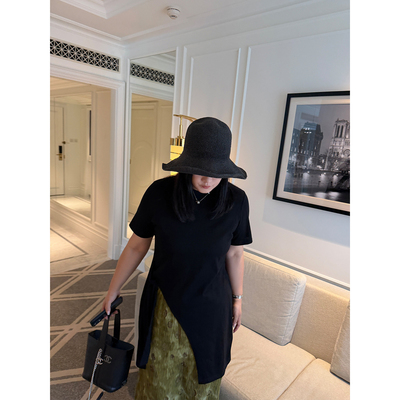 铅笔小鑫大码女装简约高弹气质修身不规则侧开叉遮臀长款T恤
