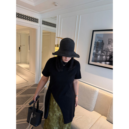 铅笔小鑫大码女装简约高弹气质修身不规则侧开叉遮臀长款T恤