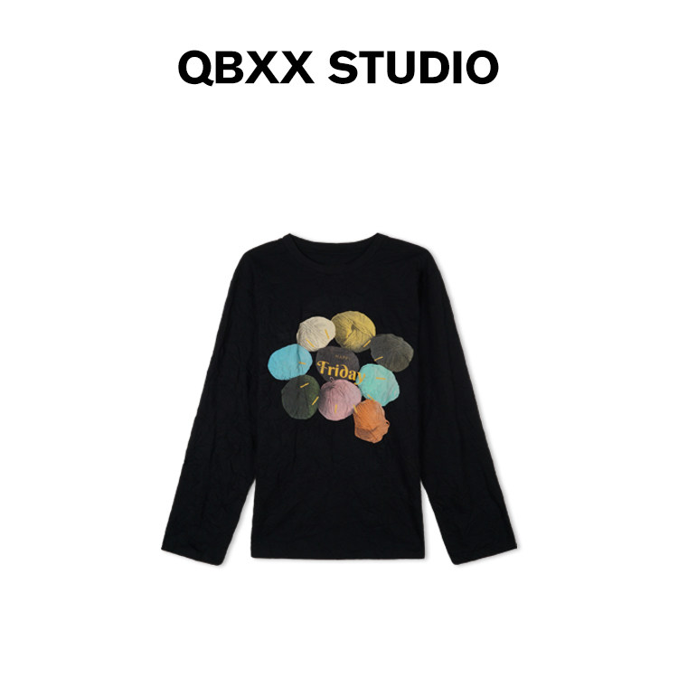 铅笔小鑫大码女装 趣味毛线印花作旧褶皱肌理感长袖显瘦T恤