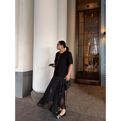 铅笔小鑫大码女装简约腔调 网纱灵动显瘦拼接连衣裙