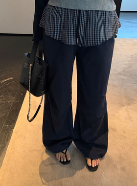 铅笔小鑫大码女装 美式复古松弛假两件格纹腰封设计阔腿弯刀裤