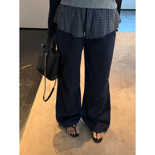 铅笔小鑫大码女装 美式复古松弛假两件格纹腰封设计阔腿弯刀裤