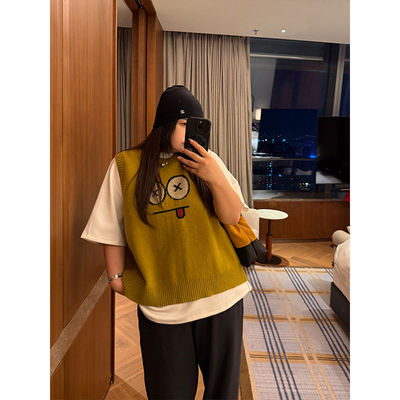 铅笔小鑫大码女装 趣味搞怪 提花设计 百搭圆领 叠穿针织马甲