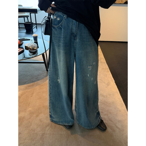 铅笔小鑫大码女装遮肉显瘦复古洗水做旧磨皮宽松牛仔裤