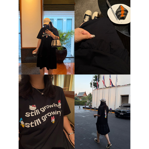 铅笔小鑫大码女装松弛木耳边趣味卡通字母印花连衣裙