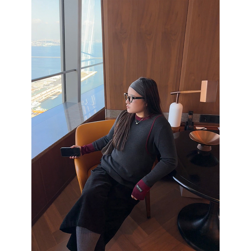 铅笔小鑫大码女装 亲肤高弹 软绵绵 复古修身 撞色拼接显瘦T恤