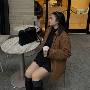 铅笔小鑫大码女装复古宽松麂皮绒加绒外套秋冬胖MM加厚夹克上衣