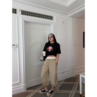 铅笔小鑫大码女装日系拼接撞色束脚工装褶皱七分裤
