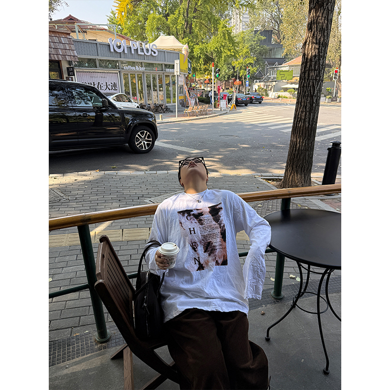 铅笔小鑫大码女装 美式街头 复古字母 超宽松长袖T恤