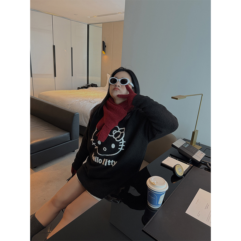 铅笔小鑫大码女装少女感 kitty猫图案卡通提花毛衣胖mm显瘦毛衣