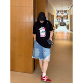 铅笔小鑫大码 复古毛边刺绣手工钉珠牛仔中裤 女装 酷girl