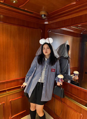 铅笔小鑫大码女装复古学院风减龄经典格子蕾丝衬衣外套