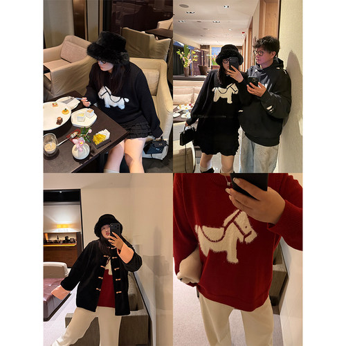 铅笔小鑫大码女装慵懒小马提花新年氛围感大码显瘦针织毛衣