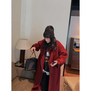 氛围感 新年圣诞 气质腰带羊毛大衣胖mm呢大衣 女装 铅笔小鑫大码