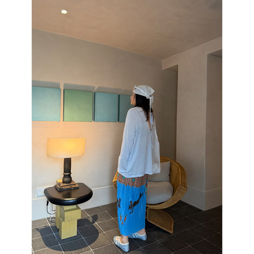 铅笔小鑫大码女装大艺术家涂鸦手绘印花撞色压褶裙