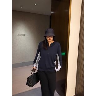 铅笔小鑫大码女装好驾驭万搭撞色条纹针织纽扣开衫上衣
