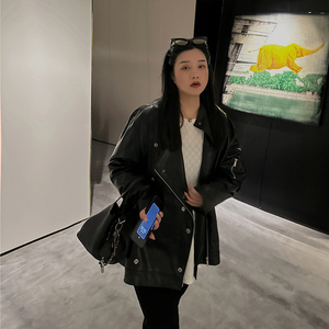 铅笔小鑫大码女装复古宽松拉链长袖皮衣休闲港风机车PU外套夹克