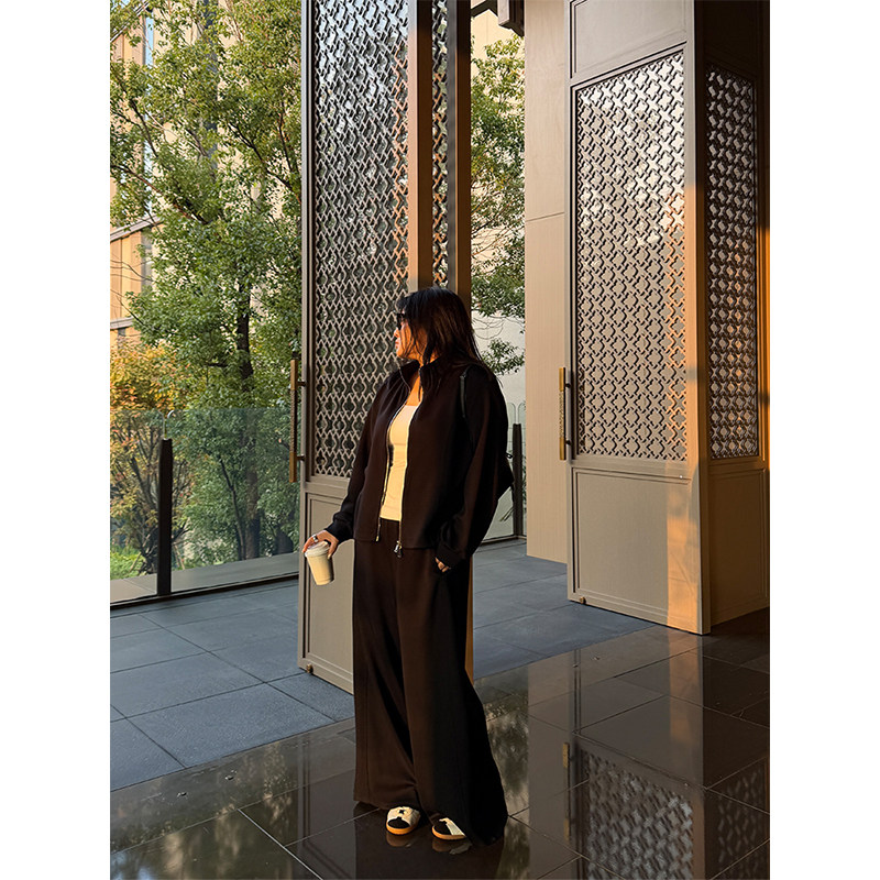 铅笔小鑫大码女装简约干练复古拉链显瘦外套+阔腿裤套装