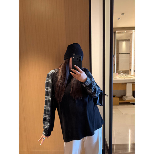 铅笔小鑫大码女装慵懒叠穿美式街头格纹拼接针织上衣