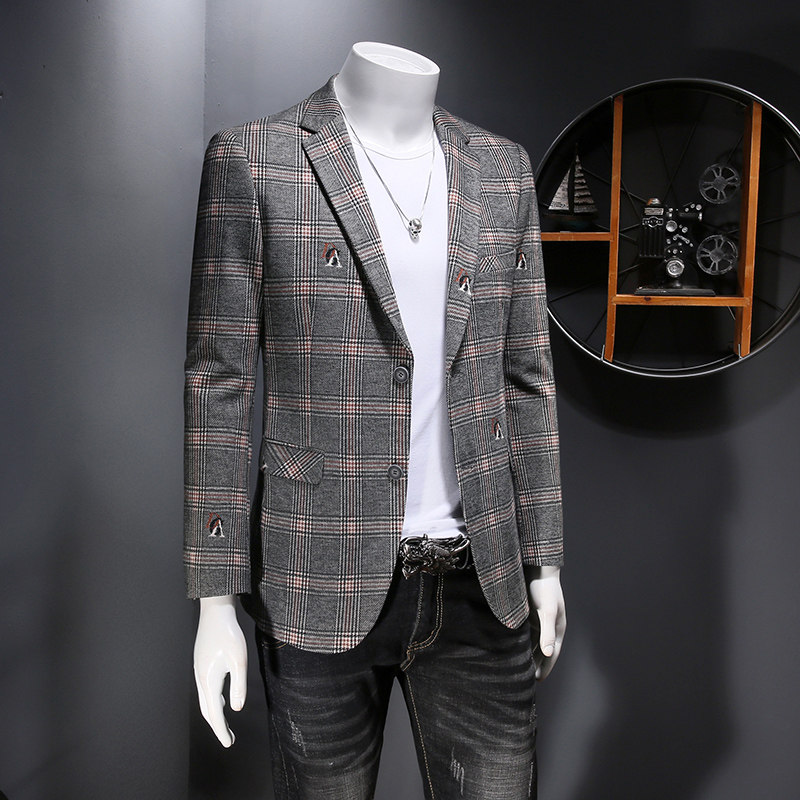 2021男士加厚格子秋季修身上衣西服小西装外套P180,男装西服,电商D225