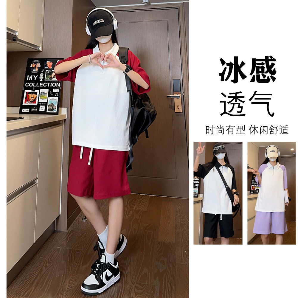 抖音华夫格插肩袖拼色polo短裤休闲针织套装TZ1500特批P50控98,男装休闲套装,电商A247