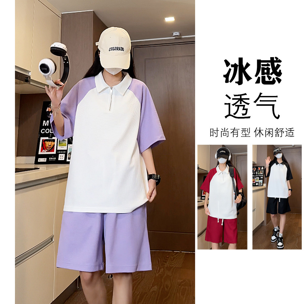 抖音华夫格插肩袖拼色polo衬衫短裤休闲套装TZ1500特批P50控98,男装休闲套装,电商A247